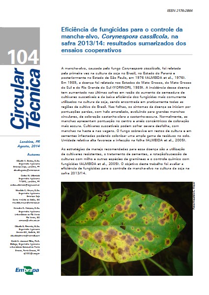 Eficiência de fungicidas para o controle da mancha-alvo, Corynespora cassiicola, na safra 2013/14: resultados sumarizados dos ensaios cooperativos