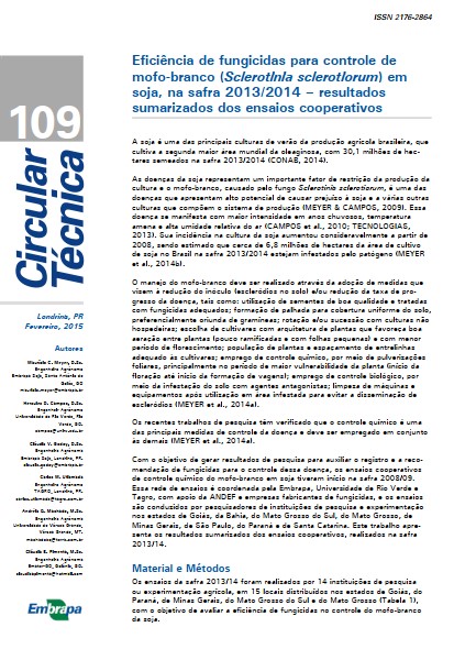 Eficiência de fungicidas para controle de mofo-branco (Sclerotinia sclerotiorum) em soja, na safra 2013/2014 – resultados sumarizados dos ensaios cooperativos