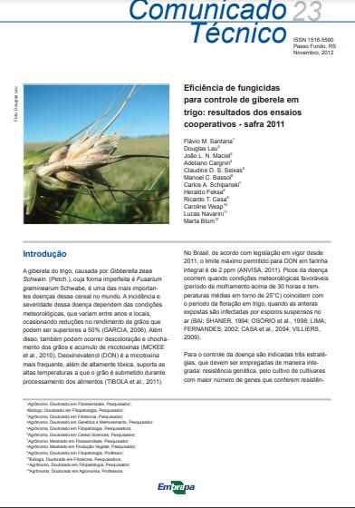 Eficiência de fungicidas para controle de giberela em trigo: resultados dos ensaios cooperativos - safra 2011