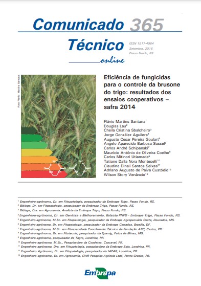 Eficiência de fungicidas para o controle da brusone do trigo: resultados dos ensaios cooperativos - safra 2014