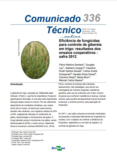 Eficiência de fungicidas para controle de giberela em trigo: resultados dos ensaios cooperativos - safra 2012