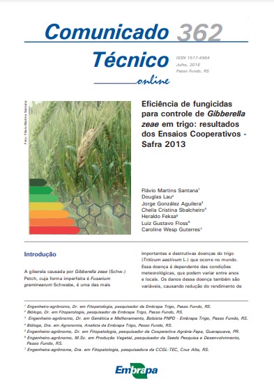 Eficiência de fungicidas para controle de Gibberella zeae em trigo: resultados dos Ensaios Cooperativos - Safra 2013