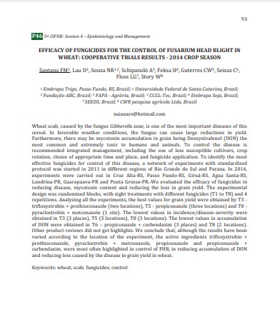 Efficacy of fungicides for the control of fusarium head blight in wheat: cooperative trials results - 2014 crop season