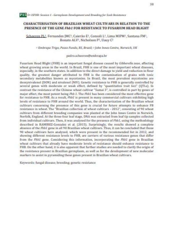 Characterisation of brazillian wheat cultivars in relation to the presence of the gene Fhb1 for resistance to fusarium head blight