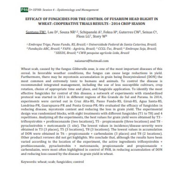 Efficacy of fungicides for the control of fusarium head blight in wheat: cooperative trials results - 2014 crop season