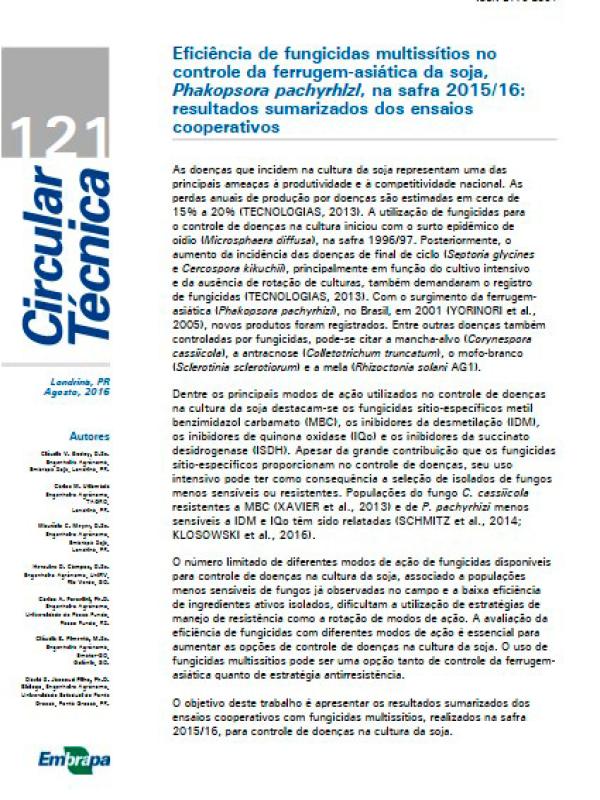 Eficiência de fungicidas multissítios no controle da ferrugem-asiática da soja, Phakopsora pachyrhizi, na safra 2015/16: resultados sumarizados dos ensaios cooperativos