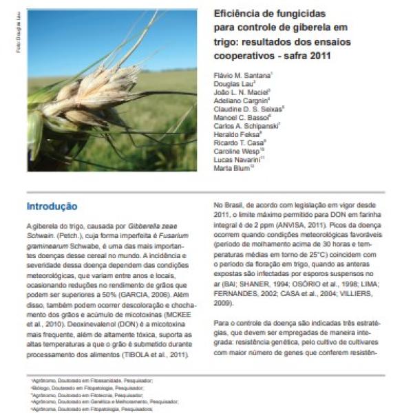 Eficiência de fungicidas para controle de giberela em trigo: resultados dos ensaios cooperativos - safra 2011
