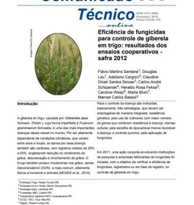 Eficiência de fungicidas para controle de giberela em trigo: resultados dos ensaios cooperativos - safra 2012