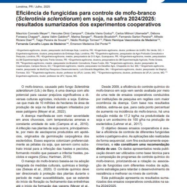 Eficiência de fungicidas para controle de mofo-branco (Sclerotinia sclerotiorum) em soja, na safra 2024/2025: resultados sumarizados dos experimentos cooperativos