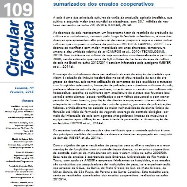 Eficiência de fungicidas para controle de mofo-branco (Sclerotinia sclerotiorum) em soja, na safra 2013/2014 – resultados sumarizados dos ensaios cooperativos