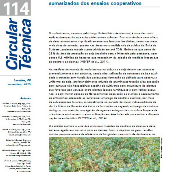 Eficiência de fungicidas para controle de mofo-branco (Sclerotinia sclerotiorum) em soja, na safra 2014/2015 – resultados sumarizados dos ensaios cooperativos