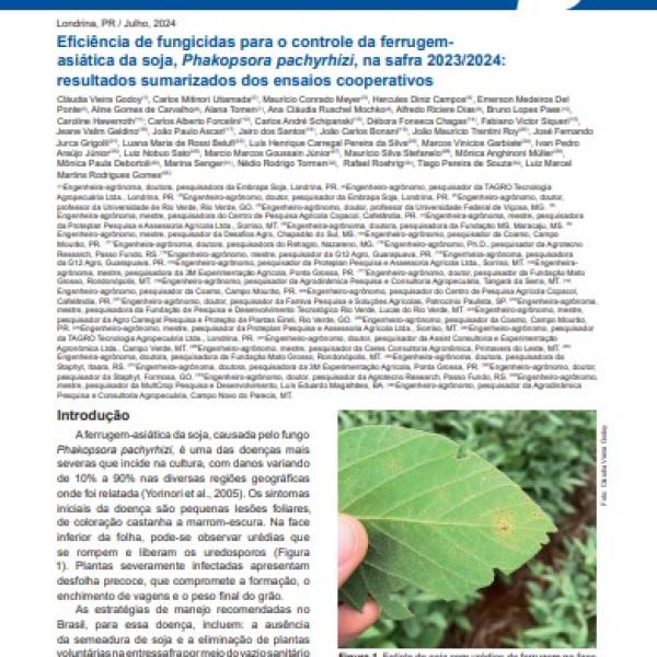 Eficiência de fungicidas para o controle da ferrugem-asiática da soja, Phakopsora pachyrhizi, na safra 2023/2024: resultados sumarizados dos ensaios cooperativos