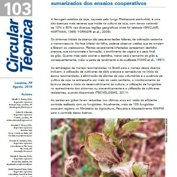 Eficiência de fungicidas para o controle da ferrugem-asiática da soja, Phakopsora pachyrhizi, na safra 2013/14: resultados sumarizados dos ensaios cooperativos