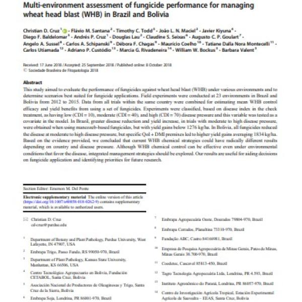 Multi-environment assessment of fungicide performance for managing wheat head blast (WHB) in Brazil and Bolivia