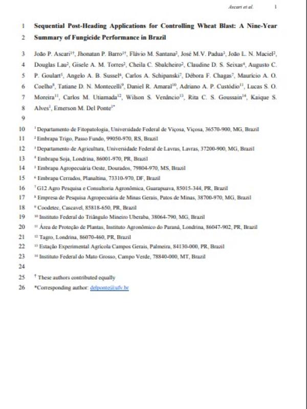 Sequential Post-Heading Applications for Controlling Wheat Blast: A Nine-Year Summary of Fungicide Performance in Brazil